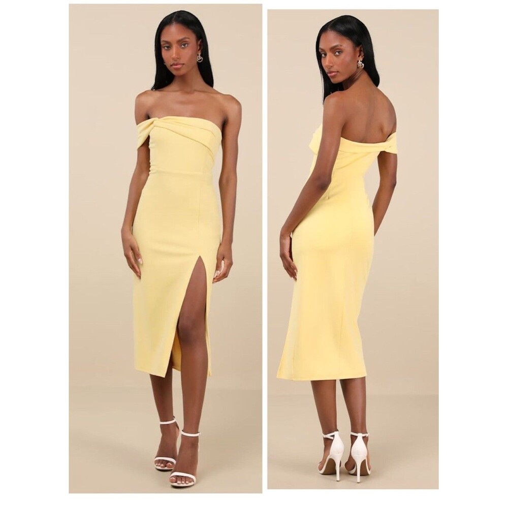 Lulu's Pale Yellow Off-Shoulder Midi Dress with Front Slit